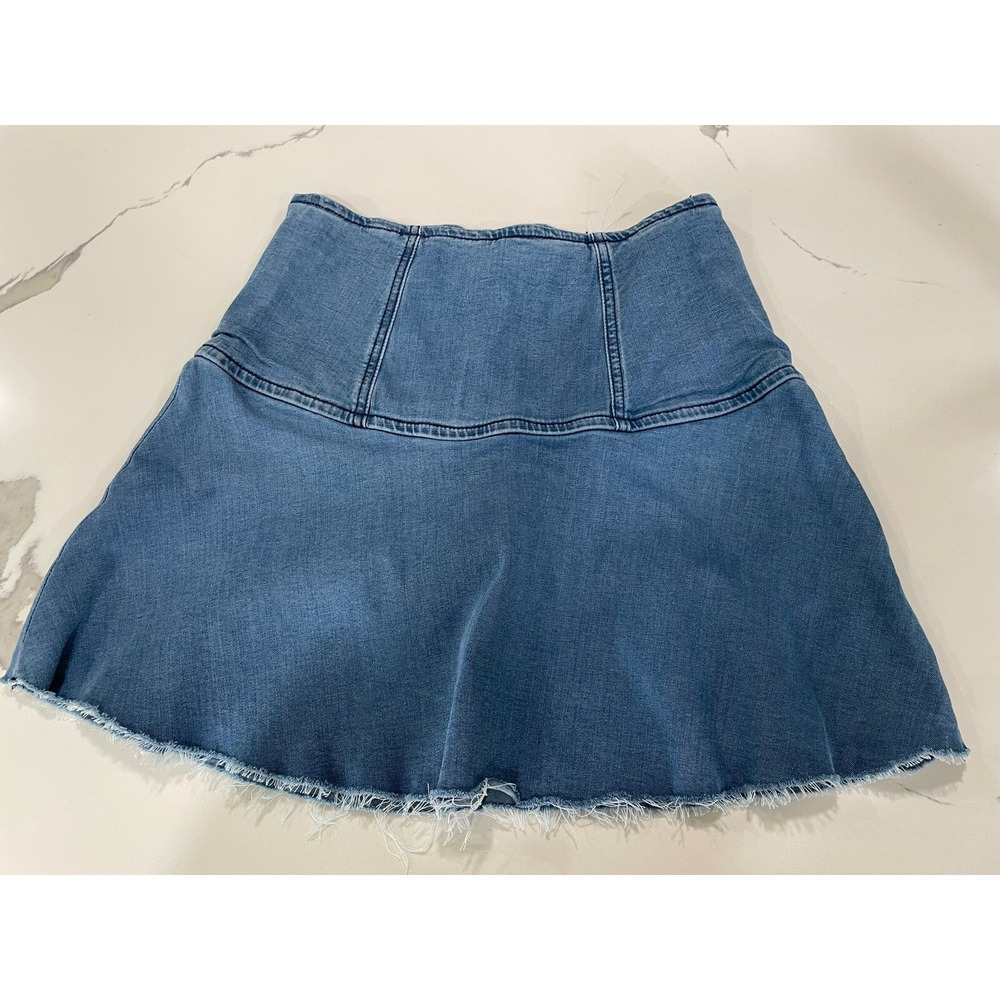 We the Free Women Skirt 0 Blue Denim High Waist Raw Hem Knee Length AK107